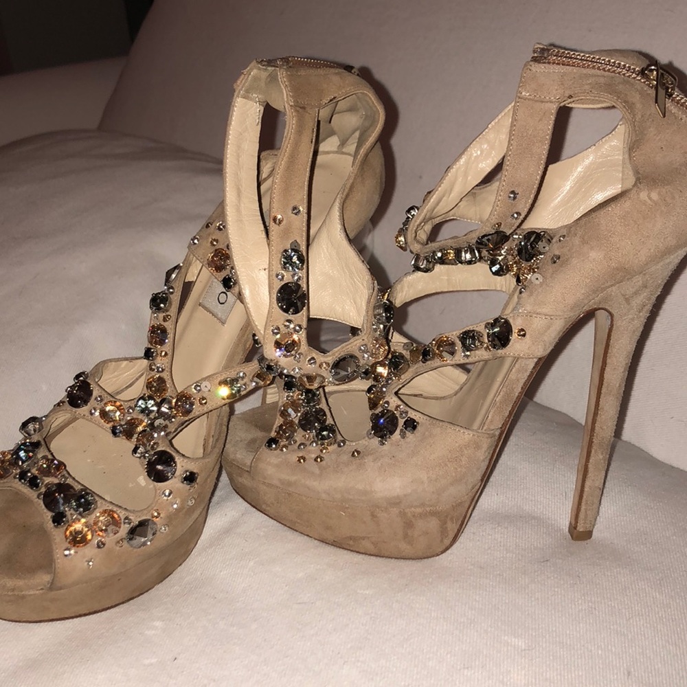 Jimmy Choo tan and jeweled heel